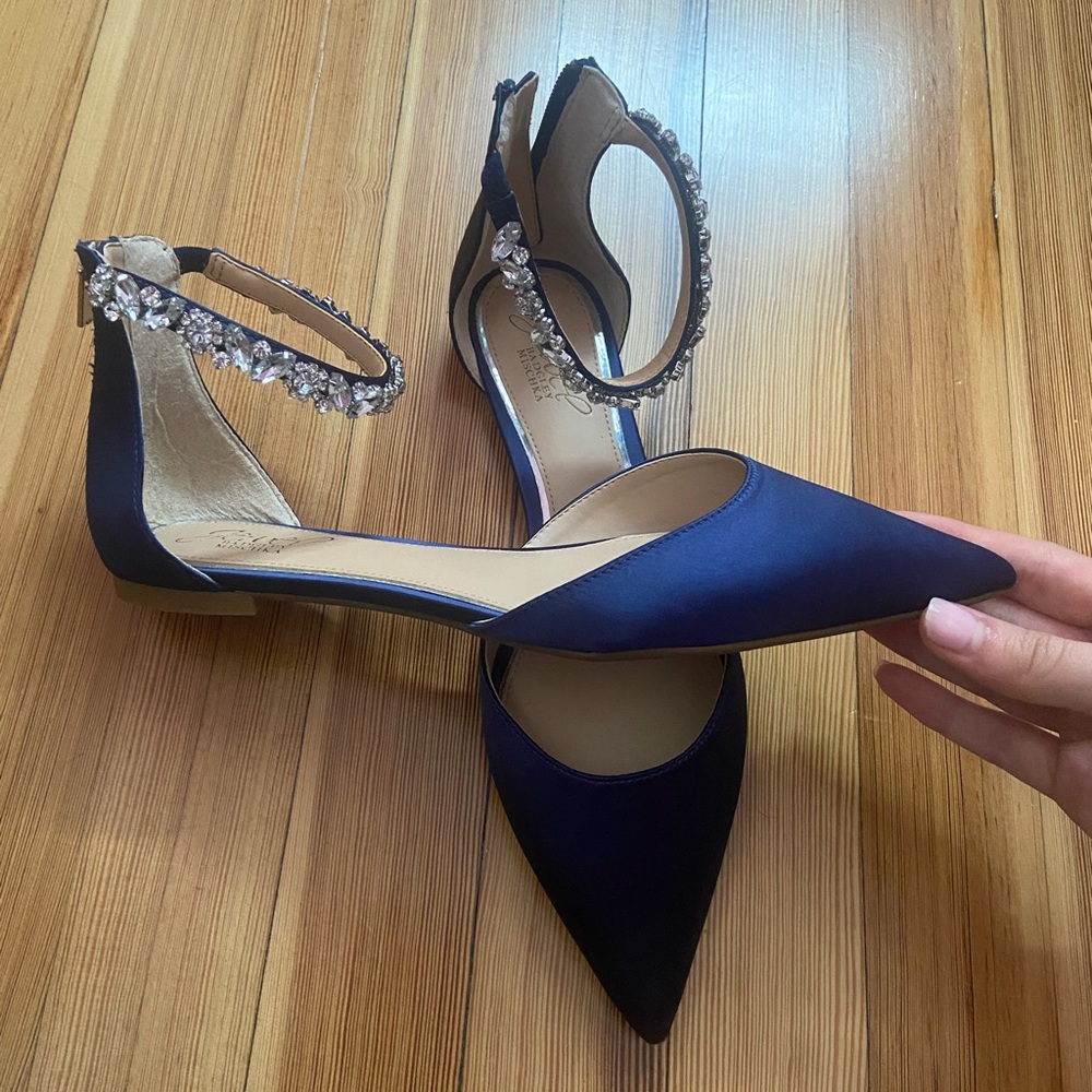 Jewel Badgley Mischka Navy Heels with Crystal Strap